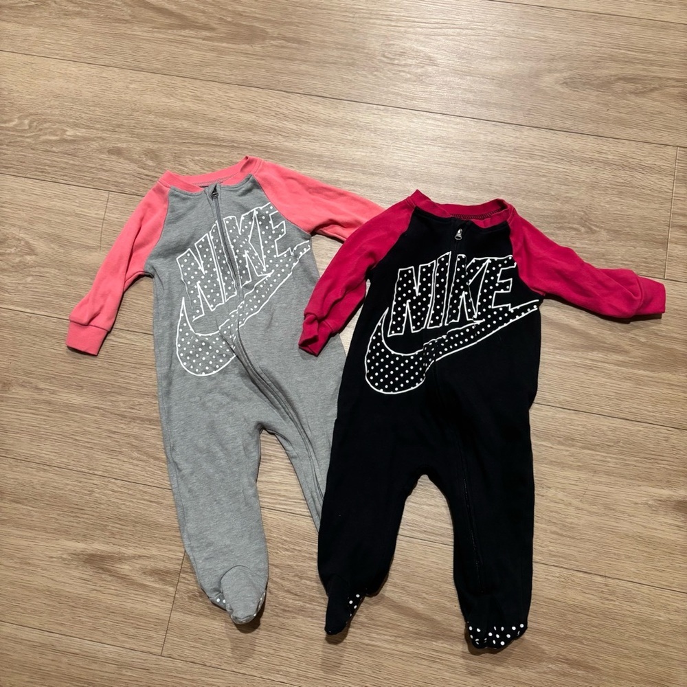 Nike Baby Footed One-Piece Romper in Pink and Gray and Pink and Black